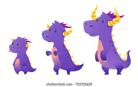 Vector cartoon style illustration of cute purple dragon isolated on white background. Stages of growth