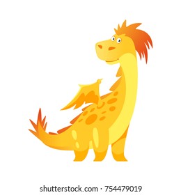 Vector cartoon style illustration of cute yellow dragon isolated on white background.