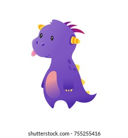 Vector cartoon style illustration of cute purple dragon isolated on white background.