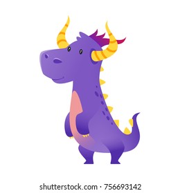 Vector cartoon style illustration of cute purple dragon isolated on white background.