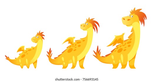 Vector cartoon style illustration of cute yellow dragon isolated on white background. Stages of growth