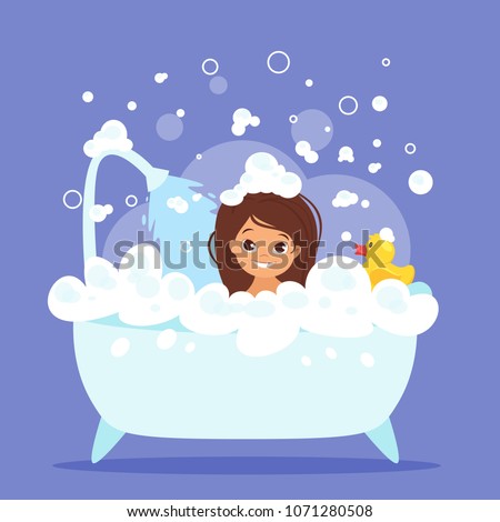 Vector cartoon style illustration of cute kid girl taking a bath full of soap foam. Yellow rubber duck in bathtub.