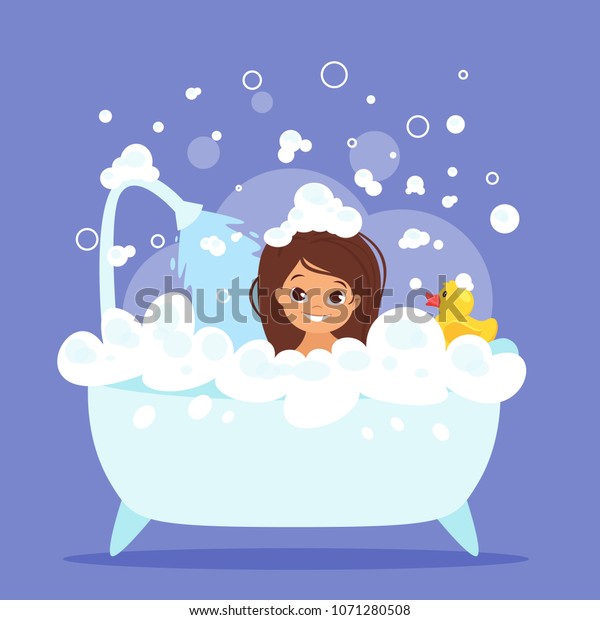 せっけんでいっぱいの風呂に入るかわいい女の子のベクター漫画スタイルのイラスト。浴槽の中に黄色のゴムアヒル。