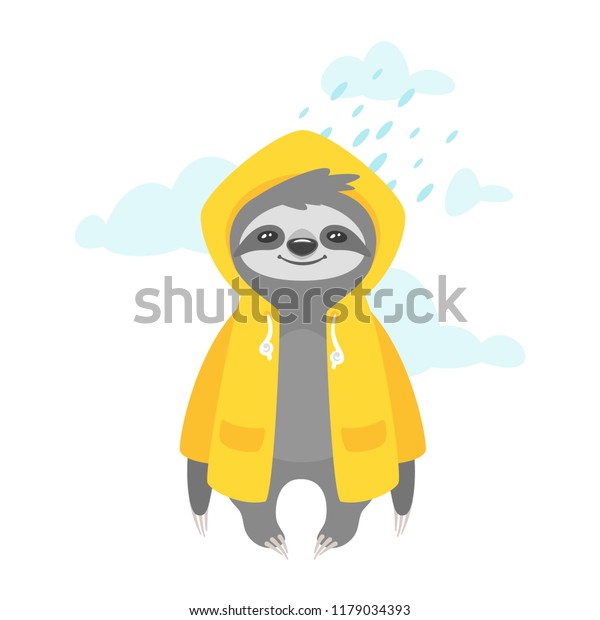 白い背景に黄色いレインコートにかわいいスロスのキャラクターのベクターカートーンスタイルイラスト Tシャツやポスターデザインに印刷します 雨天 のベクター画像素材 ロイヤリティフリー