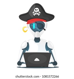 Vector cartoon style illustration of cyber pirate robot hacking someone and sitting at the laptop.