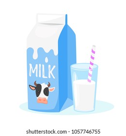 Vector cartoon style illustration of dairy products: milk packing and a glass of milk on white background. Icon for web.