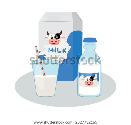 Vector cartoon style illustration of dairy products, milk packaging and a glass of milk on white background. Icon for web. 