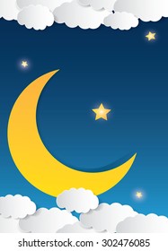 Vector cartoon style illustration of dark blue night sky with moon, stars, fog, and clouds
