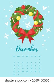 Vector cartoon style illustration of December 2018 year calendar page with  holiday Christmas and New Year wreath with colorful Christmas balls and bow. Template for print.