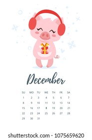 Vector cartoon style illustration of December 2019 year calendar page with cute pig holding Christmas and new year present. Template for print.