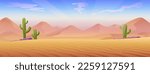 Vector cartoon style illustration. Desert landscape with sand dunes and stones with cactuses.