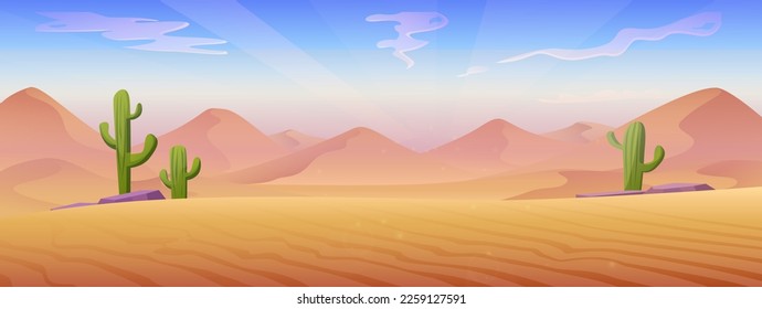 Vector cartoon style illustration. Desert landscape with sand dunes and stones with cactuses. svg