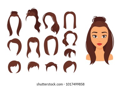 Vector Cartoon Style Illustration Of Different Hairstyles. Stylish Modern Haircut Silhouettes: Long Hair, Short Hair, Curly Hair Fashion Icons.