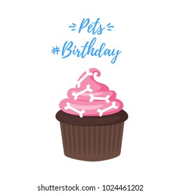 Vector  cartoon style illustration of Dog Birthday party greeting card with tasty canine treat look like muffin with pink creme and little bones on the top.