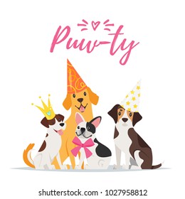 Vector  cartoon style illustration of Dog party greeting card with dogs with festive cone hats on white background.