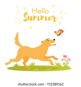 Vector cartoon style illustration of dog with butterfly. Isolated on white background. Template for print. Title "Hello summer".