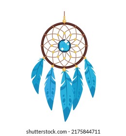 Vector cartoon style illustration of dream catcher with blue gem inside isolated on white background svg