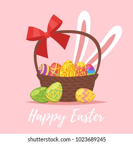 Vector cartoon style illustration of Easter greeting card with festive basket and colorful painted eggs inside on pink background. 