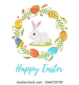 Vector cartoon style illustration of Easter day greeting card with cute bunny sitting on the meadow in floral wreath with holiday eggs. Happy Easter text.