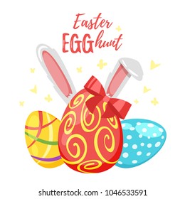 Vector cartoon style illustration of Easter greeting card with holiday eggs and bunny ears with red bow. White background.