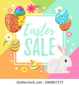 Vector cartoon style illustration of Easter Sale banner with colorful painted eggs and flowers around on geometric background. Easter bunny at the corner of the frame.