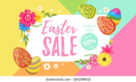 Vector cartoon style illustration of Easter Sale banner with colorful painted eggs and flowers around on geometric background. 