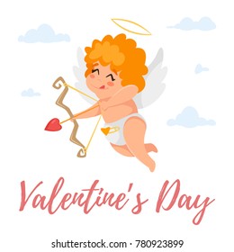 Vector  cartoon style illustration of Easter day greeting card with cute cupid in the sky.