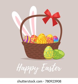 Vector  cartoon style illustration of Easter greeting card with festive basket and colorful painted eggs inside.                