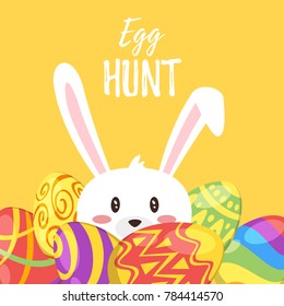 Vector  cartoon style illustration of Easter day greeting card with cute bunny and colorful painted eggs around. Yellow background.             