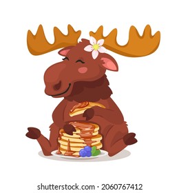 Vector cartoon style illustration of an elk eating pancakes with traditional Canadian maple syrup. Isolated on white background.