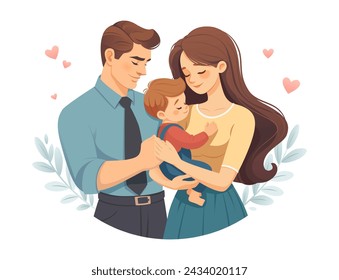 Vector cartoon style illustration. Family concept. Mother and father with child together. Mother holding kid.