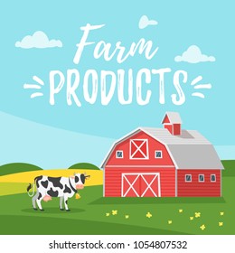 Vector cartoon style illustration of farm building - barn on rural landscape. A cow is grazing in a meadow.