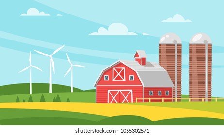 Vector cartoon style illustration of farm building - barn on rural landscape. Eco wind mills on the background.