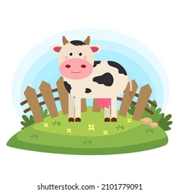 Vector cartoon style illustration of farm animals - cow in the meadow . Isolated on white background.