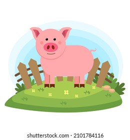 Vector cartoon style illustration of farm animals - pig in the meadow . Isolated on white background.