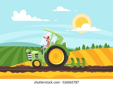 Vector cartoon style illustration of farmer working in farmed land on tractor. 