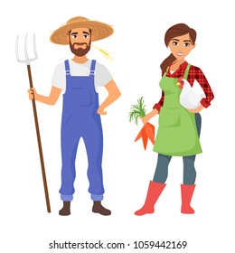 Vector cartoon style illustration of farmers: man and woman character. Isolated on white background. Vibrant color.