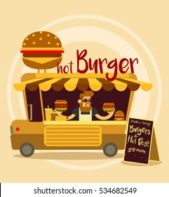 Vector Cartoon Style Illustration. Fast Food Truck. A Car With A Big Burger.