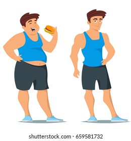 Vector cartoon style illustration of fat and slim man in sport wear. Before and after weight loss concept. Isolated on white background.