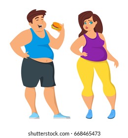 Vector cartoon style illustration of fat man and woman. Isolated on white background.