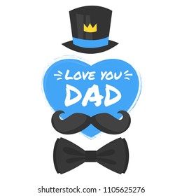 Vector cartoon style illustration Of Fathers Day greeting card template with mustache silhouette, bow tie and cylinder hat with crown Best Dad text.
