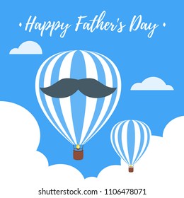 Vector cartoon style illustration Of Fathers Day greeting card template with mustache silhouette in front of an air balloon.