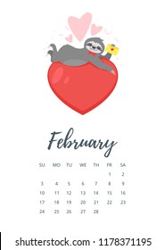 Vector cartoon style illustration of February 2019 year calendar page with cute sloth character lying on big red heart and holding love letter.