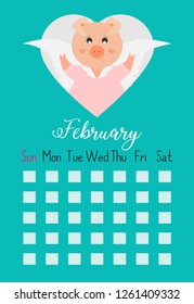 Vector cartoon style illustration of February cute calendar page with pink pig waves hand.Template for print.