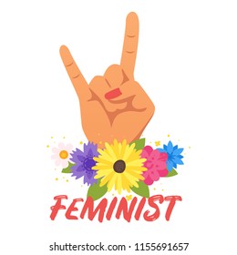 Vector cartoon style illustration of feminist woman hand with red nails and flowers. Girls power concept. Horns gesture.