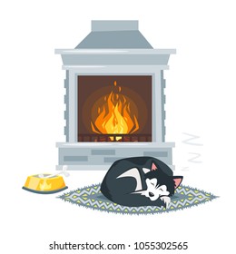 Vector cartoon style illustration of fireplace and cute husky dog sleeping on the carpet near it. ?oziness background.