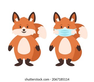 Vector cartoon style illustration of fox with protection face mask and without it.