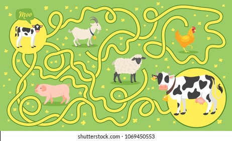 Vector cartoon style illustration of funny maze or labyrinth for children. Help little calf find it's mom.