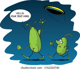 Vector cartoon style illustration of funny Aliens saying Hello.