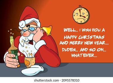 Vector cartoon style illustration of funny drunk Santa whoos a little bit late with Christmas greeting...